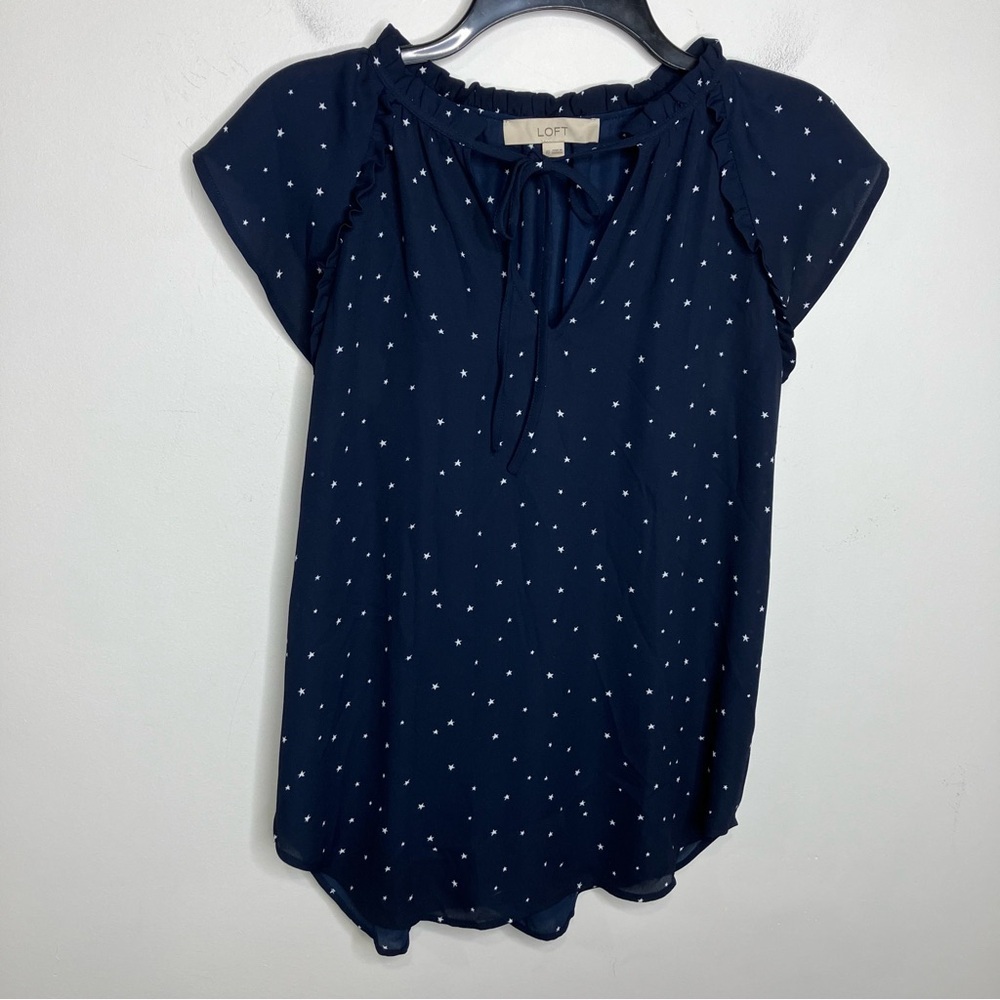 Loft flutter sleeve blouse navy blue white star professional women’s size XS